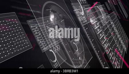 Displaying holographic panel rotating in dark void, with circular world map gauge and neon streaks Stock Photo