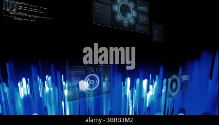 Displaying glowing blue data bars and floating UI panels in virtual data landscape, visualization Stock Photo