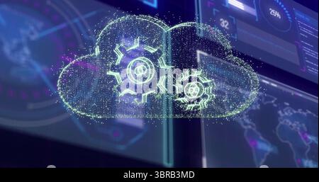 Displaying holographic cloud icon floating in virtual data interface, with glowing gears and panels Stock Photo