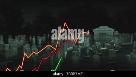Displaying mausoleum standing by fence at nighttime cemetery with tombstones and jagged line graphs Stock Photo