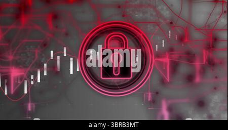 Displaying neon padlock icon in rings on digital interface with candlesticks  and  red line graph Stock Photo
