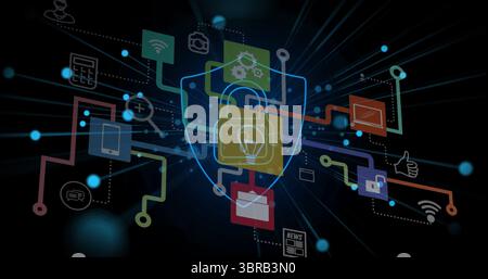 Displaying digital shield and padlock graphic at virtual interface, with network lines, data nodes Stock Photo