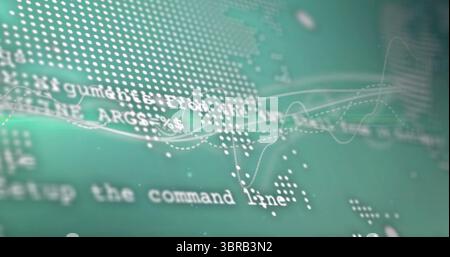 Displaying virtual interface with code snippets and waveform lines over dotted world map markers Stock Photo