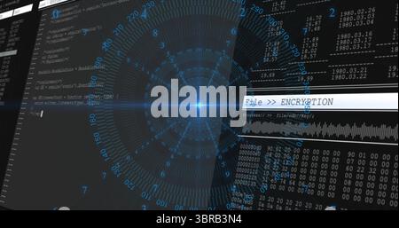 Displaying glowing interface on PC with code panel data grids and encryption progress bar Stock Photo