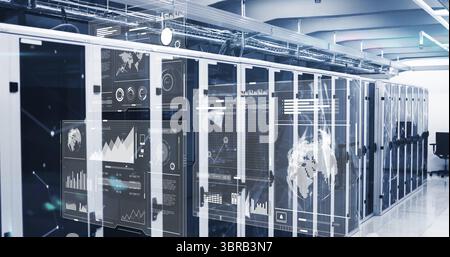 Displaying server racks lining data center aisle, with holographic overlays and office chair at end Stock Photo