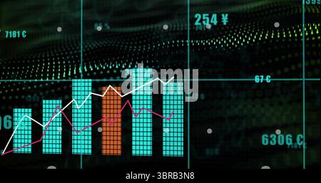 Displaying turquoise bar columns showing trends on dashboard, with white and purple line graphs Stock Photo