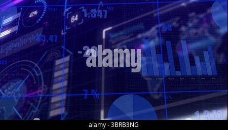 Displaying dashboard showing gauge, numeric overlays, heatmap, charts, gridlines in control room Stock Photo