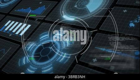 Displaying central HUD interface glowing on dark grid with data panels, line graph and code blocks Stock Photo