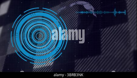 Displaying blue concentric interface on grid dashboard with waveform graph and map silhouette Stock Photo