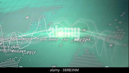 Pulsing green light node streaming data traces on digital panel, showing blurred code and world map Stock Photo