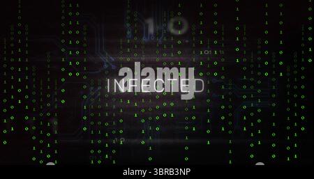 Displaying bold white INFECTED text floating in cyberspace system with cascading green binary code Stock Photo
