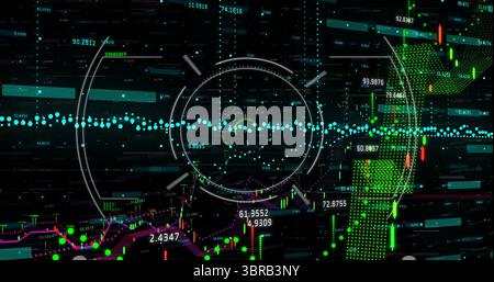Hovering central circular HUD overlay above trading interface, with bar charts and candlesticks Stock Photo