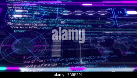 Displaying futuristic holographic interface showing code in AR display, with gauges and world map Stock Photo