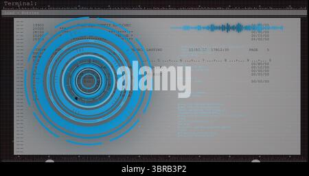 Displaying concentric HUD graphic on terminal interface, showing columns, waveform and ruler scales Stock Photo