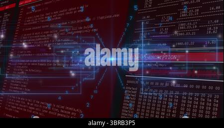 Radiating central glowing node streaming data across security interface, with code lines, hex dumps Stock Photo