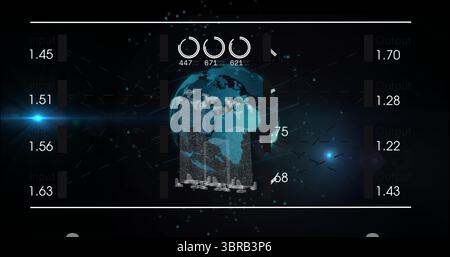 Displaying 3D particle-based globe rotating on HUD interface, with numeric input output metrics Stock Photo