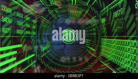 Displaying reticle projecting numeric strings in virtual corridor, with floating panels and graphs Stock Photo