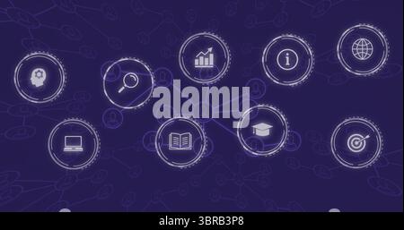 Displaying central user avatar linking 8 icons on purple network, with analytics search education Stock Photo