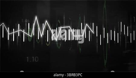 Displaying white jagged waveform intersecting vertical white bars on interface, with green loops Stock Photo