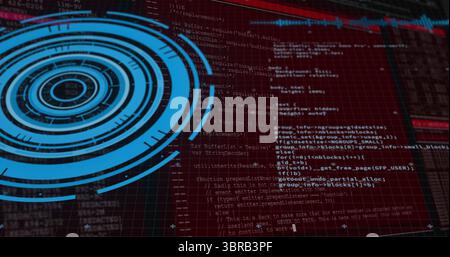 Displaying blue circular HUD graphic overlaying red grid background, showing lines of code Stock Photo