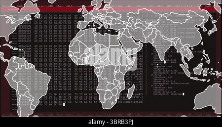 Displaying world map overlaying hex dump and network interface on terminal, with red UI bars Stock Photo