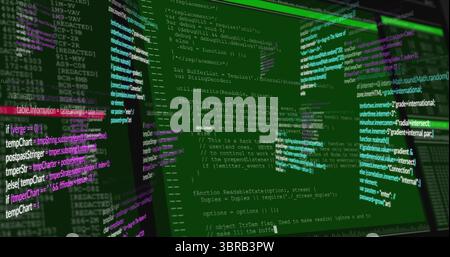 Floating translucent 3D code panels creating void workspace, with colored JavaScript, line numbers Stock Photo