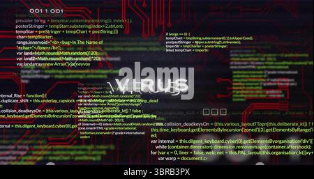 Showing glitch-styled VIRUS text hovering over red circuit board backdrop, with code overlays Stock Photo
