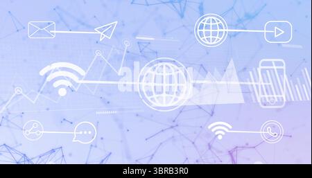Displaying centered white globe icon on gradient background, with envelope, phone and wifi icons Stock Photo