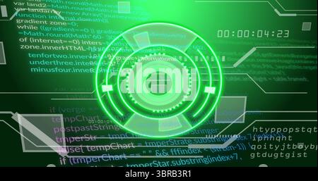 Displaying neon green circular HUD graphic pulsing on digital display, with code overlays and timer Stock Photo