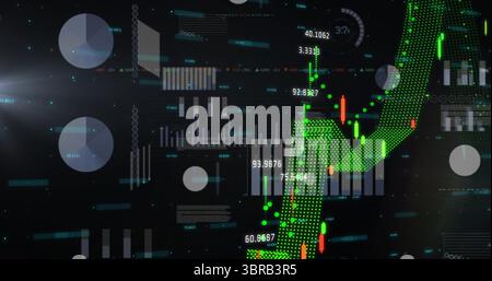 Displaying analytics interface with translucent pie charts, green dotted trend arrow, copy space Stock Photo