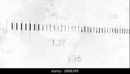 Displaying grayscale world map with vertical data bars on analytics interface, with numeric labels Stock Photo