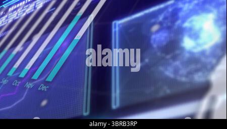 Displaying holographic bar chart panel floating in grid interface, with radial data visualization Stock Photo