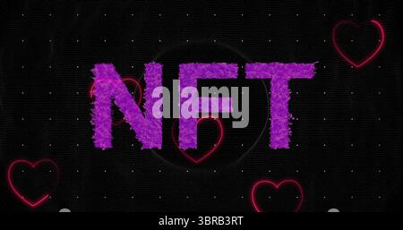 Displaying fuzzy purple NFT text at dark digital backdrop, with dot grid, red neon heart outlines Stock Photo