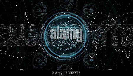 Displaying central circular HUD interface in network environment, with waveform icons, data points Stock Photo