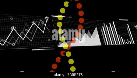 Displaying dashboard on screen with white line, gray area, white bar charts, mustard orange helix Stock Photo