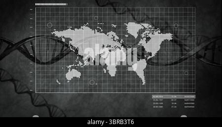 Displaying pixel world map on digital grid overlay showing markers, DNA strands, data table Stock Photo