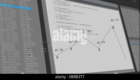 Displaying workspace monitor showing code editor with line graph markers beside list and log panels Stock Photo