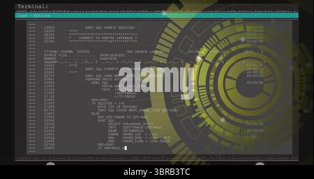 Displaying terminal window showing line-numbered SQL code on desktop, with HUD overlay, copy space Stock Photo