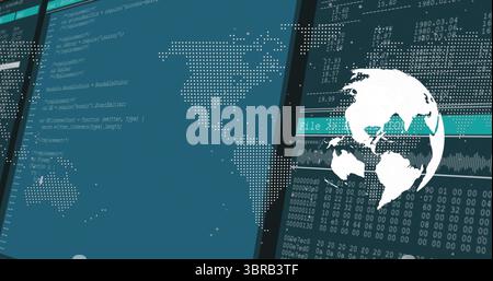Displaying panels on dashboard, with code panel, dotted world map, and white globe icon, copy space Stock Photo