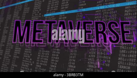 Displaying neon purple METAVERSE text covering code interface, showing errors and network diagram Stock Photo