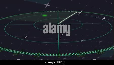 Displaying neon green radar grid scanning control room display, with target blip and sensor markers Stock Photo