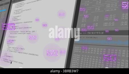 Displaying two monitors showing JavaScript code and encryption terminal at desktop, with '5G' icons Stock Photo