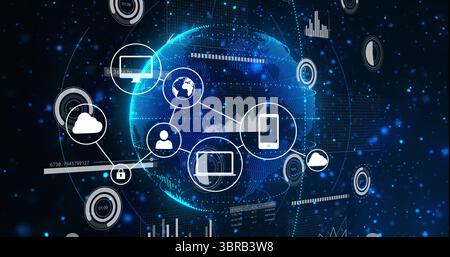 Floating wireframe digital globe spinning in digital network, with cloud storage and padlock icons Stock Photo