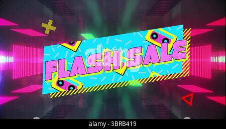 Showing neon-blue banner highlighting FLASH SALE in neon corridor, with cassette icons and shapes Stock Photo