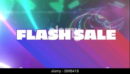 Displaying bold FLASH SALE text over neon beams, gradient stripes on graphic backdrop with flares Stock Photo