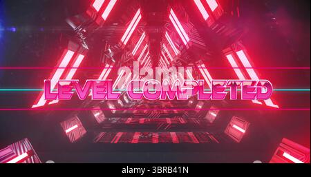 Neon-lit LEVEL COMPLETED text glowing in futuristic tunnel, with floating cubes and light bars Stock Photo