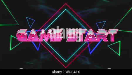 Displaying neon pink GAME START over neon diamond triangles with smoky accents on arcade screen Stock Photo