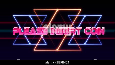 Displaying neon shapes and text on arcade screen, with glowing pink insert coin prompt Stock Photo