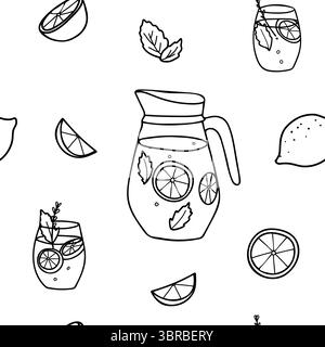 Lemonade seamless graphic pattern in minimalistic style. Hand drawn Black and white Doodle illustration of Lemonade Jug and Glasses, Lemon slices and Stock Vector