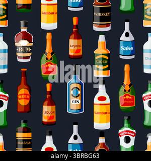 Vector seamless pattern with colorful alcohol drink bottles on black background. Concept for bar decor, fabric design, wrapping paper, fashion prints, Stock Vector